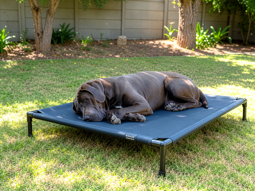 Large dog sleeping on a Hamok elevated dog bed in a sunny garden, demonstrating the breathable raised design that keeps dogs cool outdoors.