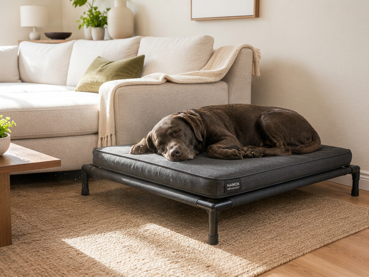 Chocolate Labrador resting on a black Hamok orthopedic elevated dog bed in a living room