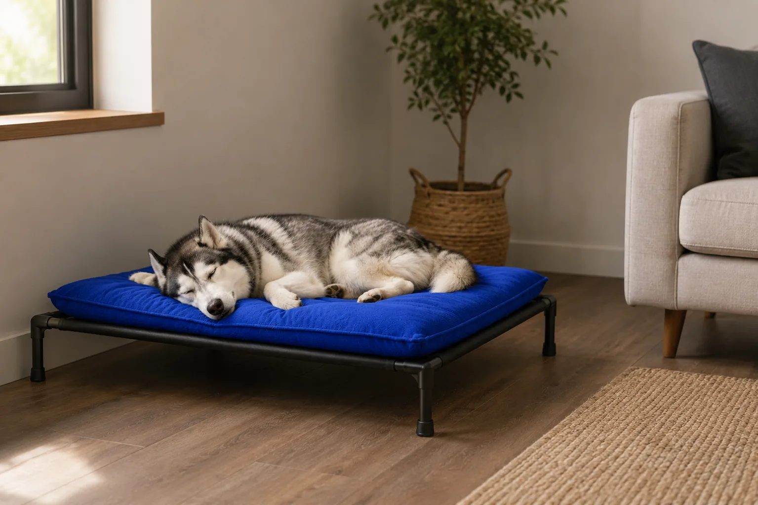 Siberian Husky sleeping on a blue Hamok Comfort elevated dog bed indoors